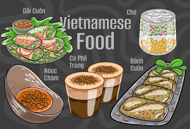 Vietnamees eten Een set klassieke gerechten Cartoon hand getekende illustratie