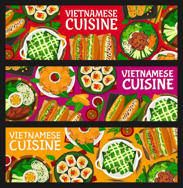 Vietnamees eten restaurant maaltijden banners vlees en groente sandwich gegrilde corn beef noodle salade en tahoe huid met garnalen chips met zeevruchten plakkerige rijst varkensvlees cake en gegrilde gehaktballen