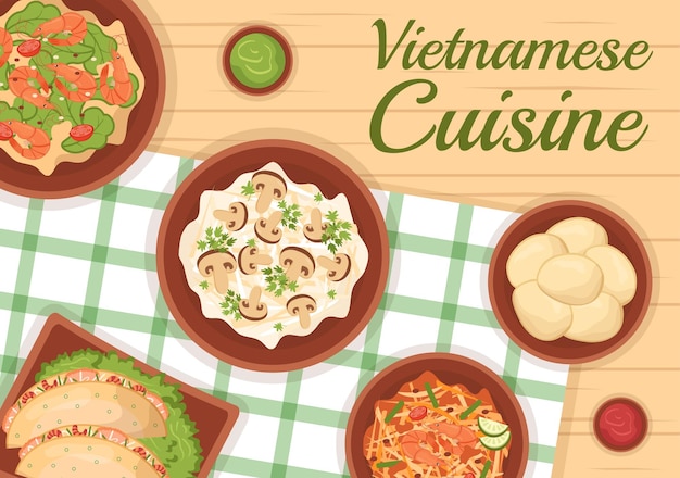 Vietnamees eten restaurantmenu met verzameling van verschillende heerlijke gerechten in illustratie