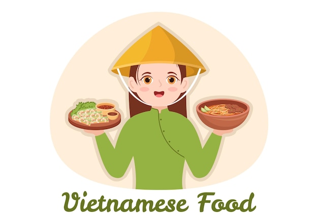 Vietnamees eten restaurantmenu met verzameling van verschillende heerlijke gerechten in illustratie