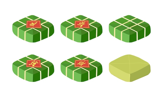 Vietnamese Banh Chung wrapped in green leaf vector set. Asian food. Vietnamese cuisine. Vietnam food