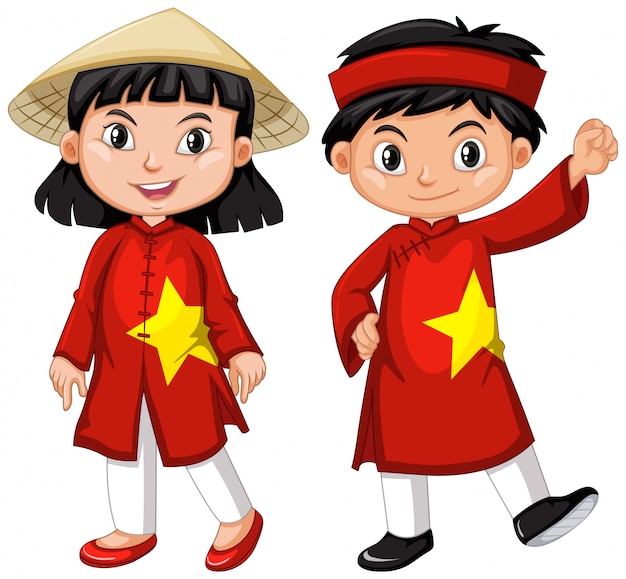 Ragazzo e ragazza vietnamiti in costume rosso