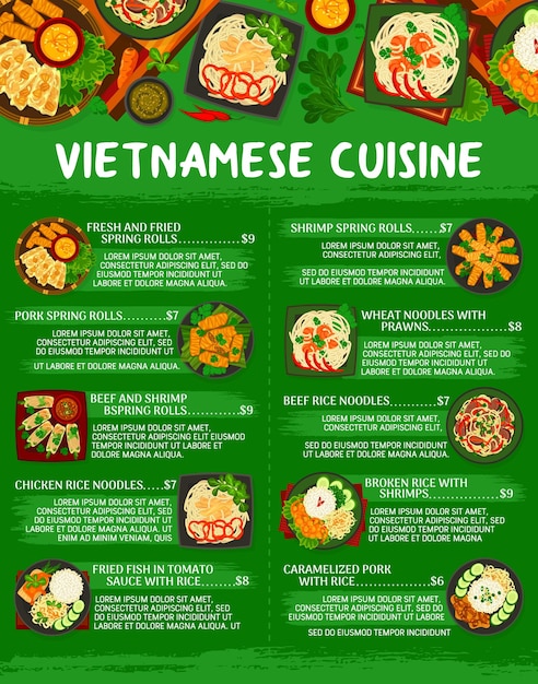 Vettore modello vettoriale della pagina del menu della cucina vietnamita