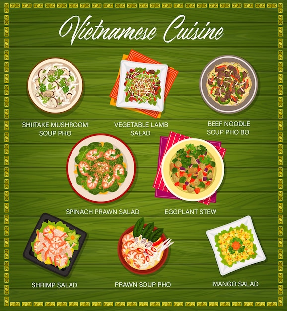 Menu vettoriale della cucina vietnamita pasti vietnamiti