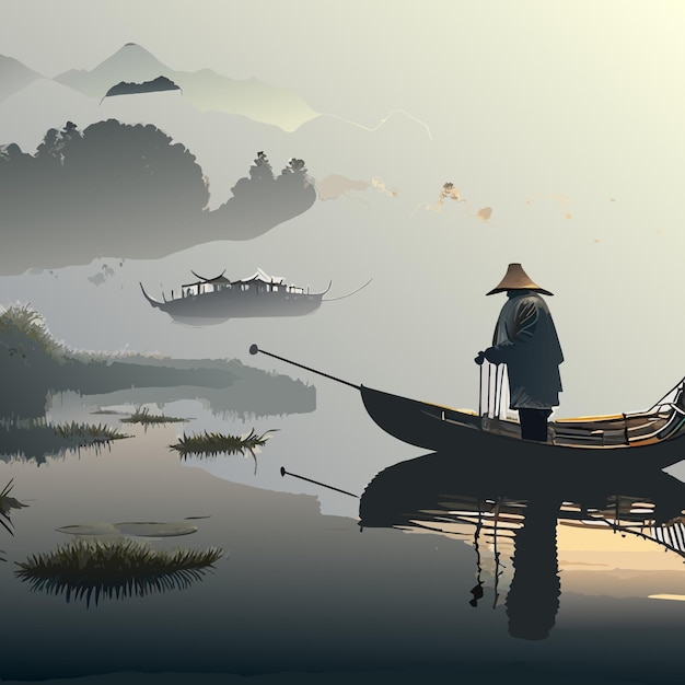 Vietnamese fisherman with net wetlands foggy morning sunrise smooth intricate high definition