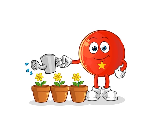 Vietnamese flag watering the flowers mascot. cartoon vector