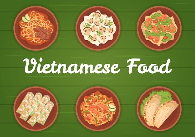 Vietnamese Food Restaurant Menu with Collection of Various Delicious Cuisine Dishes in Illustration