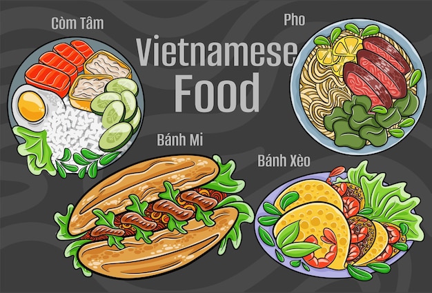 베트남 음식 고전 요리 세트 만화 손으로 그린 그림