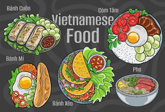 Vietnamese food A set of classic dishes Cartoon hand drawn illustration