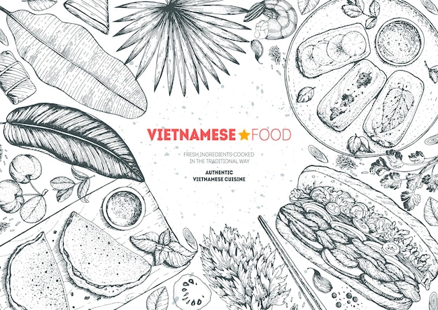 Vector vietnamese food top view frame food menu design template vintage hand drawn sketch vector illustration engraved image