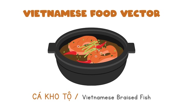 Vietnamese gestoofde vis gekookt in zwarte pot platte vector. Ca Kho To clipart-cartoon. Aziatisch eten