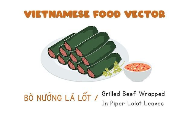 Vietnamese grilled beef wrapped in piper lolot leaves flat vector. bo la lot clipart. asian food