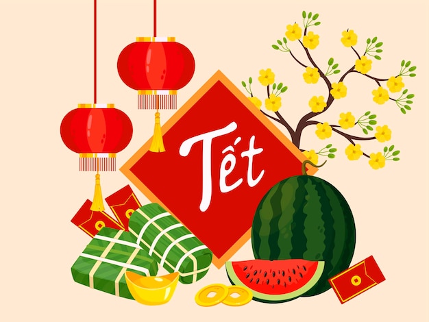 Vector vietnamese new year concept translation tet lunar new year flat style design concept holiday card