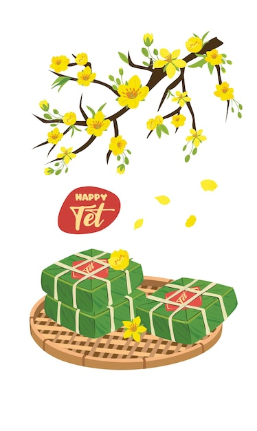 Vietnamese traditionele nieuwjaarsvector Vietnamese keuken Chung cake vector Ochna integerrima