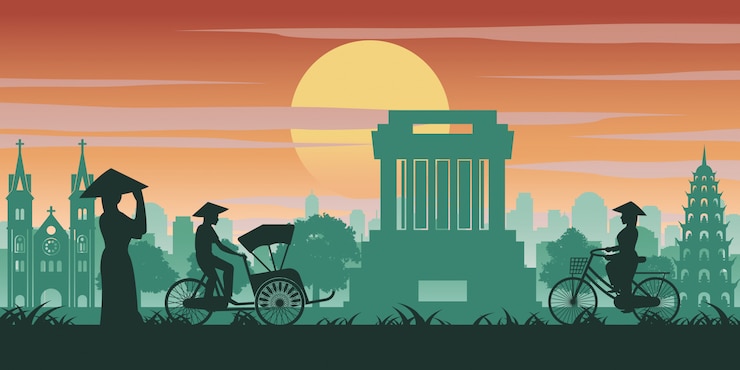 Vector vietnamese woman and man ride bicycle pass landmark 