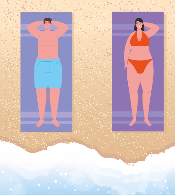 航空写真、ビーチでカップル、男性と女性がビーチで日光浴、夏の休暇シーズンを表示します。