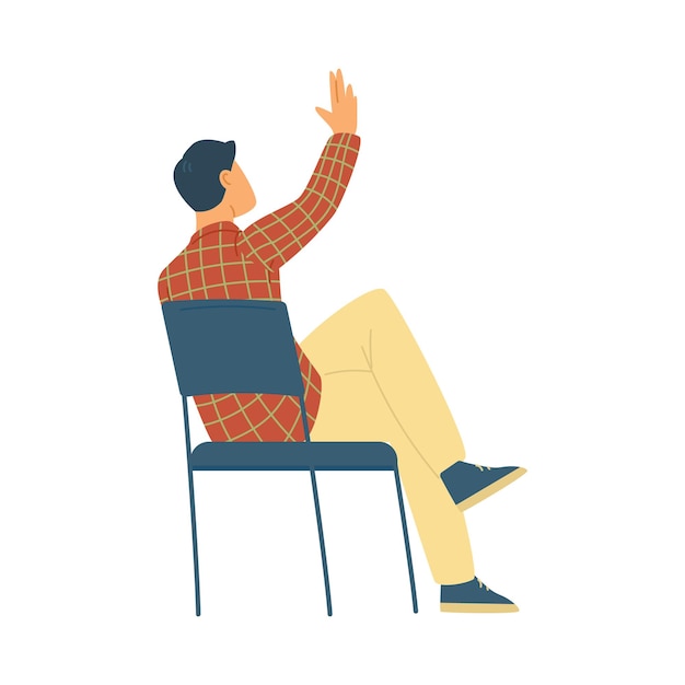 Vector view on back young man sitting on chair and raising hand up a vector illustration