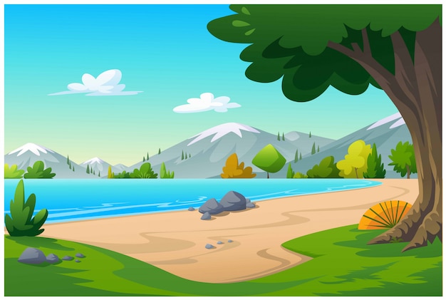 Vector view of the beach with greenery