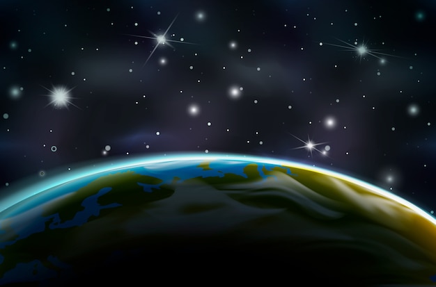 Vector view on earth planet from orbit on night side on space background with bright stars and constellations