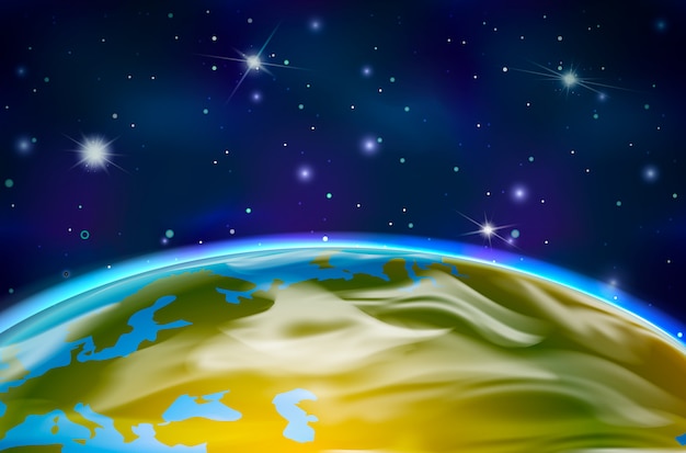 Vector view on earth planet from orbit on space background with bright stars and constellations