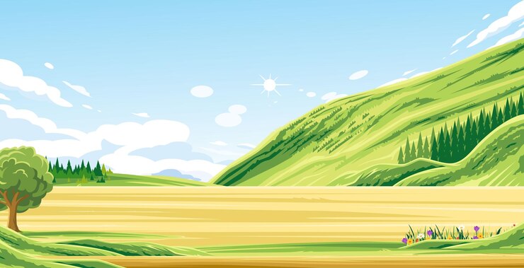 Vector 緑の丘の背景に草の花と木で覆われた空っぽの土地の景色