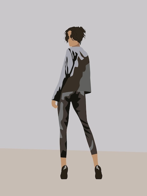 Vector view from back of a black haired woman dressed in gray suit and black high heels looking back.
