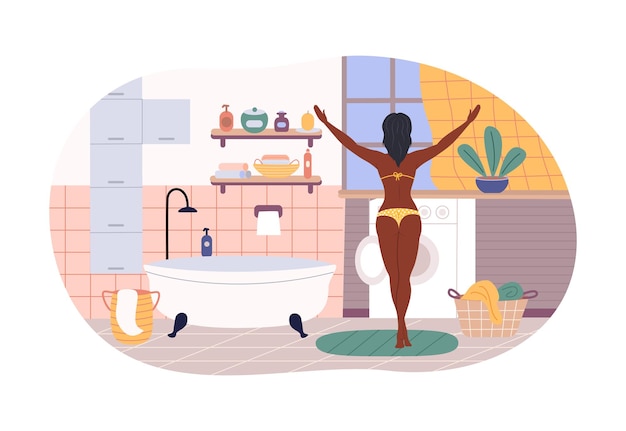 Vector view from behind of beautiful woman exercising in bathroom