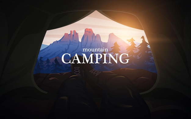 Vector view from the tent to the mountains hiking and camping concept amazing foggy landscape swiss or austrian alps background for travel banner or poster