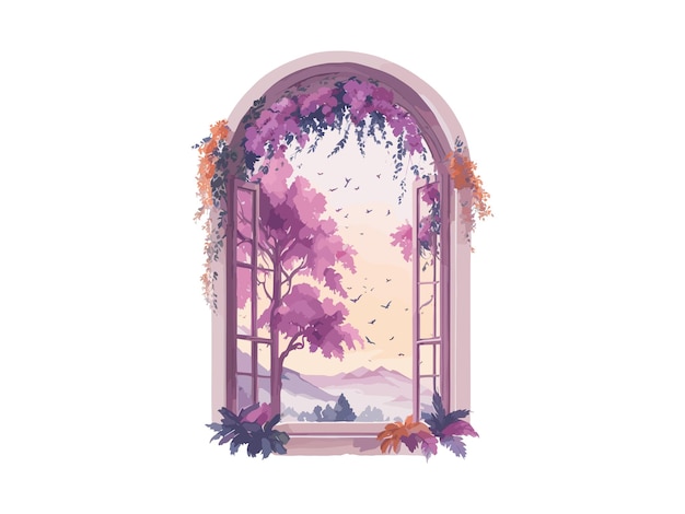 Vector view from a window overlooking the sunset landscape windows decorated by flowers