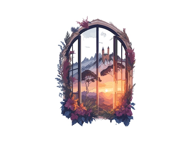 Vector view from a window overlooking the sunset landscape windows decorated by flowers