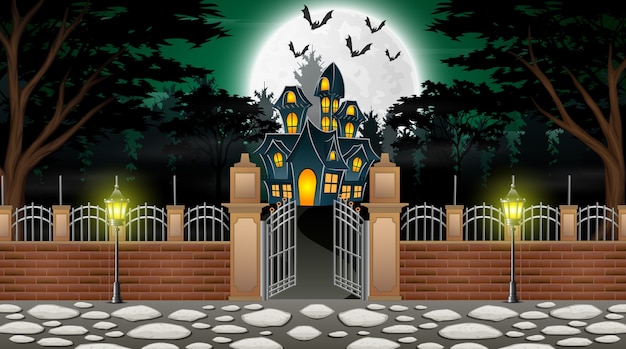 View of a haunted house with a background of full moon