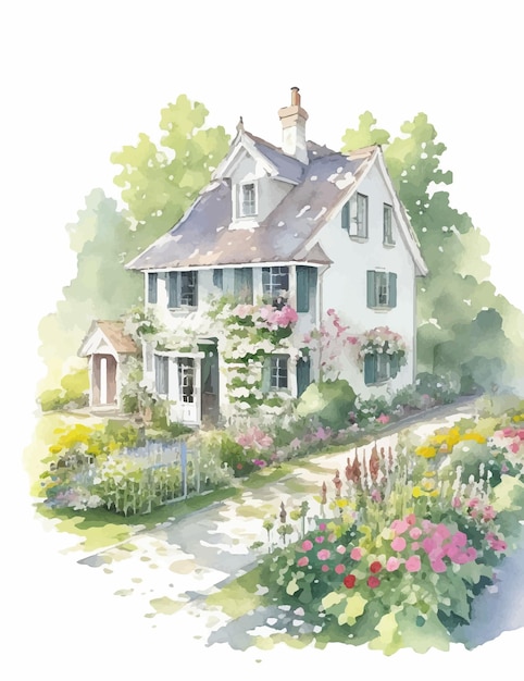 View of house in garden full of flowers watercolor