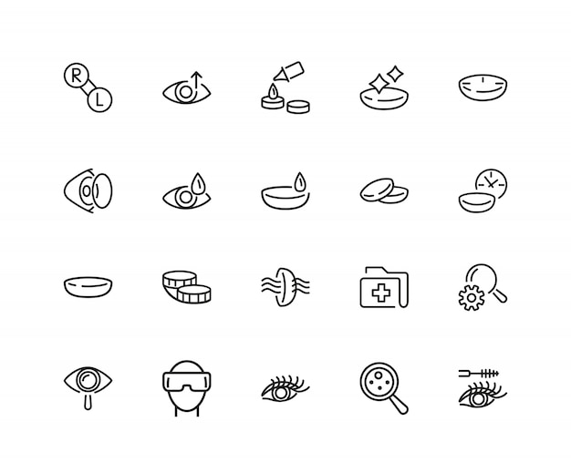 View icons. set of twenty line icons. eyes care, contact lens, vr glasses.