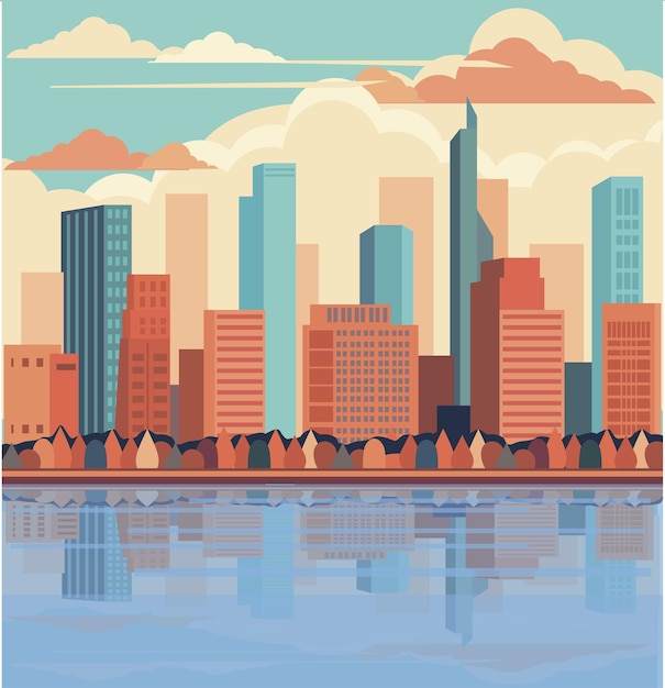 view of a modern city located on the bank of a river city landscape urban architecture sky shore city on river bank modern cityscape highrise multistory buildings by water flat