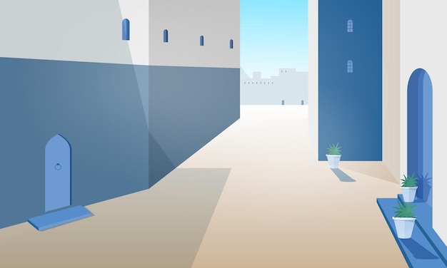 Vector view of morocco street with building walls, doors of traditional shape, outdoor plants growing in pots. ancient moroccan desert city and historic landmarks.