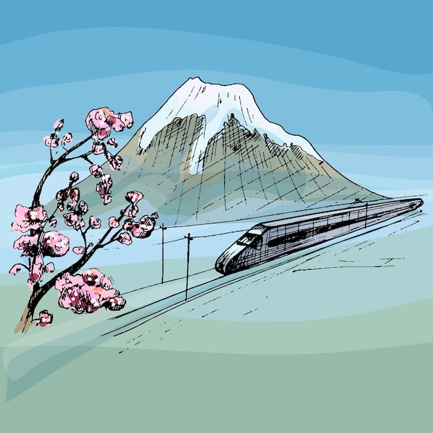 Vettore vista del monte fuji e del treno in viaggio con carrozze passeggeri vector vintage hatching