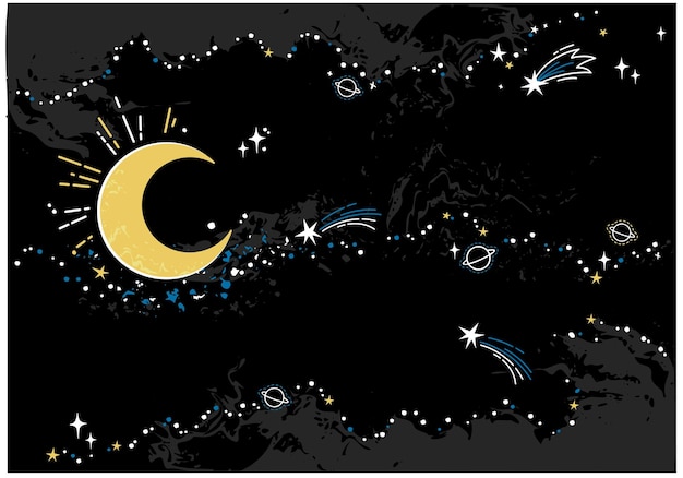 Vector view to night sky with moon
hand drawn stars texture. night starry sky