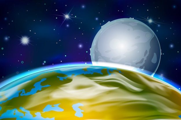 Вектор Вид на планету земля и луну с орбиты на космическом фоне с яркими звездами и созвездиями