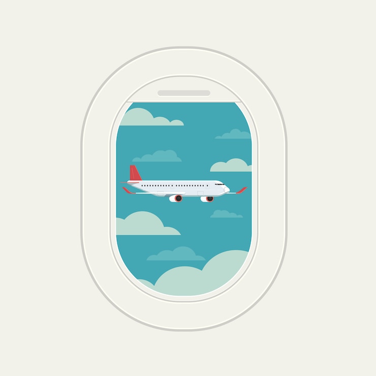 Vector view plane window see plane fly at travel sky