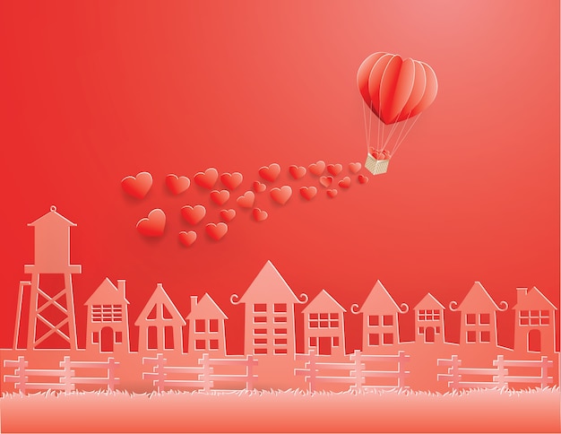 View of red urban countryside with balloon love in the sky