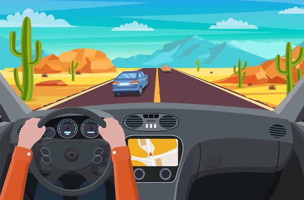 Vector view of the road from the car interior. highway road in desert.