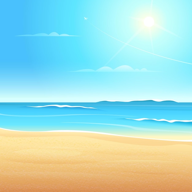 View of the sea beach with waves Sandy coast clean blue sky the sun shines