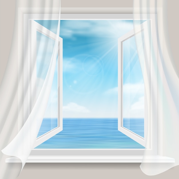 Vector view of the sea horizon from a room with a open window and white curtains.