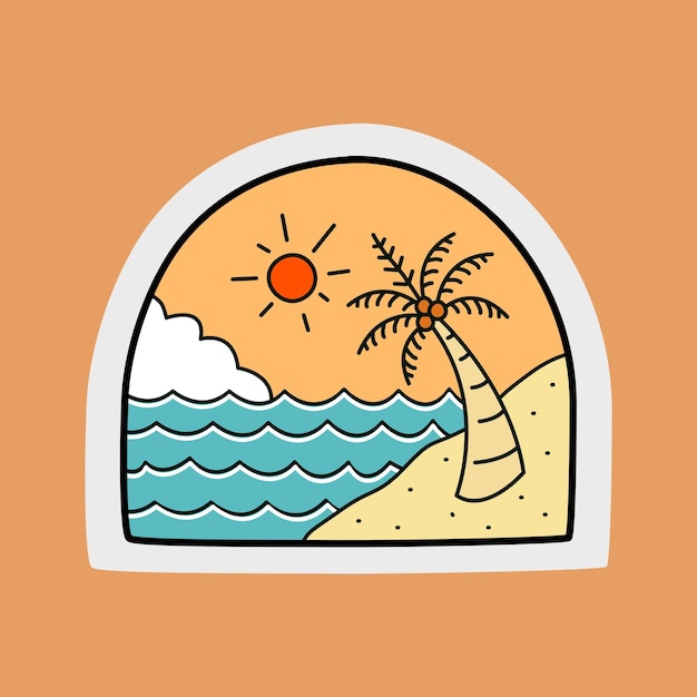 Вид на летний пляж и дизайн кокосовой пальмы для наклейки на футболку и т. Д.