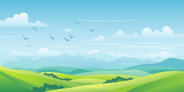 夏の風景の景色 春の丘 緑の草原と丘 鳥の群れのイラスト