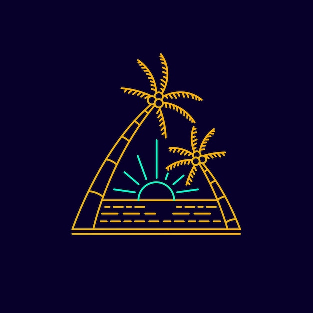 View of sunset beach with duo coconut palm in mono line art design for tshirt badge sticker etc