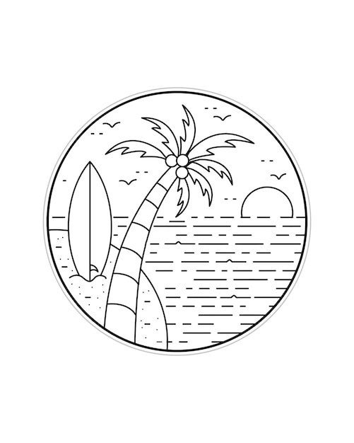 Vector view of the sunset on the beach with surfboards and coconut trees in mono line art patch badge design emblem design tshirt design