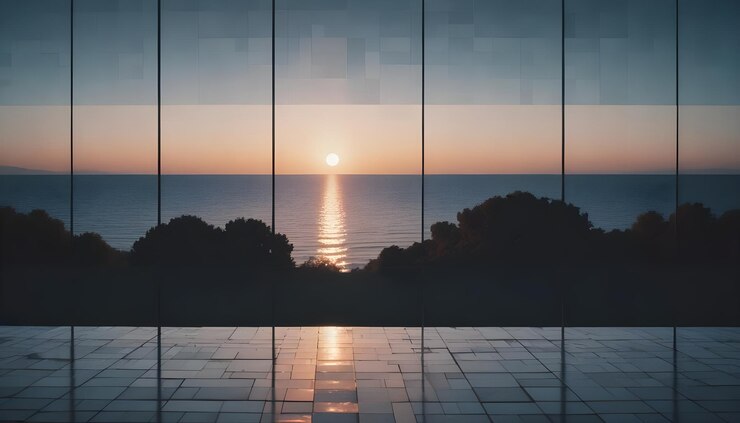 Vector view of a sunset over the ocean from a large window the sky is a vibrant orange and pink with the sun setting on the horizon