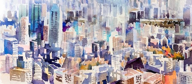 Vector view of the town landmark business concept for real estate. watercolor painting landscape semi abstract colorful of city with skyscraper and tall building background. hand drawn illustration top view.