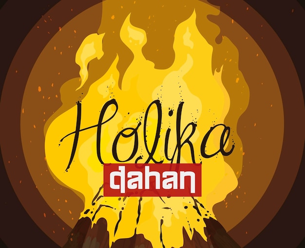 Vector view of traditional holika bonfire with text burning in the pyre in the night before holi